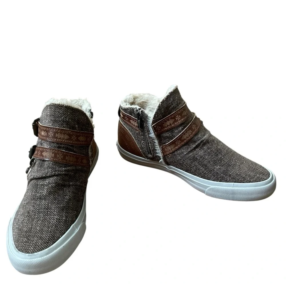 Blowfish Malibu Brown Faux Fur High Top Sneakers Buckle Zip Slip-On Shoes